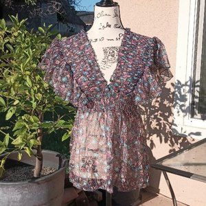 Black Floral Smocked Peasant Top Retro 70's Flower Child Hippie M Gypsy Blouse